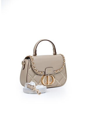 Kapitone Nakış ve Zincir Örgü Detaylı Uzun Askılı Orta Boy Kadın El ve Omuz Çantası LV930582 Vizon