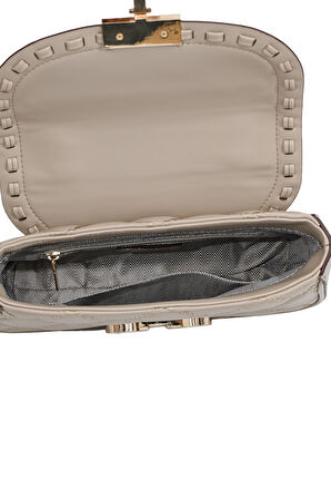 Kapitone Nakış ve Zincir Örgü Detaylı Uzun Askılı Orta Boy Kadın El ve Omuz Çantası LV930582 Vizon