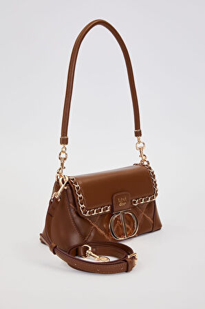 Kapitone Nakış ve Zincir Örgü Detaylı Çift Askılı Orta Boy Kadın Omuz Çantası LV930583 Kahverengi