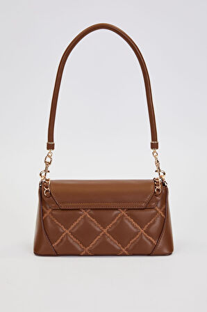 Kapitone Nakış ve Zincir Örgü Detaylı Çift Askılı Orta Boy Kadın Omuz Çantası LV930583 Kahverengi