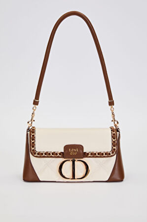 Kapitone Nakış ve Zincir Örgü Detaylı Çift Askılı Orta Boy Kadın Omuz Çantası LV930583 Krem