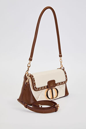 Kapitone Nakış ve Zincir Örgü Detaylı Çift Askılı Orta Boy Kadın Omuz Çantası LV930583 Krem