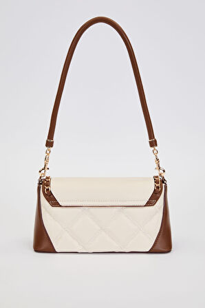 Kapitone Nakış ve Zincir Örgü Detaylı Çift Askılı Orta Boy Kadın Omuz Çantası LV930583 Krem