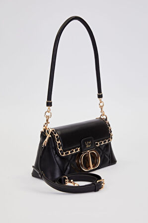 Kapitone Nakış ve Zincir Örgü Detaylı Çift Askılı Orta Boy Kadın Omuz Çantası LV930583 Siyah