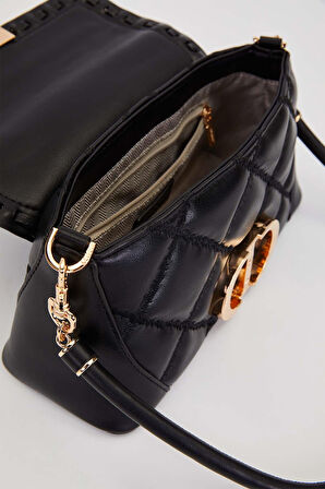 Kapitone Nakış ve Zincir Örgü Detaylı Çift Askılı Orta Boy Kadın Omuz Çantası LV930583 Siyah