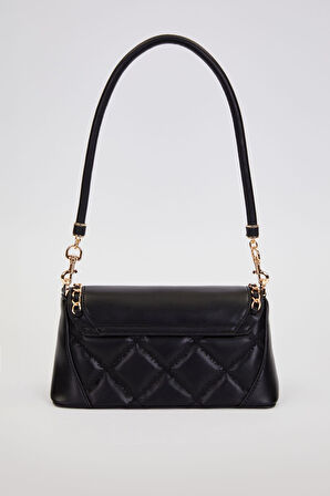 Kapitone Nakış ve Zincir Örgü Detaylı Çift Askılı Orta Boy Kadın Omuz Çantası LV930583 Siyah