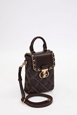 Kapitone Nakış ve Zincir Örgü Detaylı Şık Kadın Telefon Çantası El ve Omuz Kullanımlı LV930584 Koyu Kahve