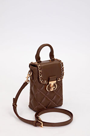 Kapitone Nakış ve Zincir Örgü Detaylı Şık Kadın Telefon Çantası El ve Omuz Kullanımlı LV930584 Kahve