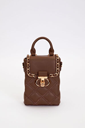 Kapitone Nakış ve Zincir Örgü Detaylı Şık Kadın Telefon Çantası El ve Omuz Kullanımlı LV930584 Kahve