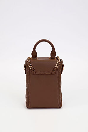 Kapitone Nakış ve Zincir Örgü Detaylı Şık Kadın Telefon Çantası El ve Omuz Kullanımlı LV930584 Kahve