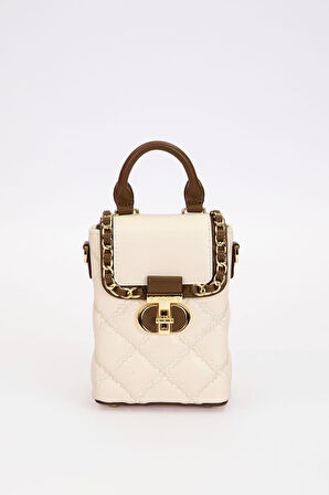 Kapitone Nakış ve Zincir Örgü Detaylı Şık Kadın Telefon Çantası El ve Omuz Kullanımlı LV930584 Krem