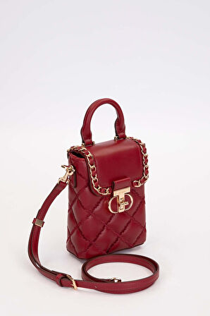 Kapitone Nakış ve Zincir Örgü Detaylı Şık Kadın Telefon Çantası El ve Omuz Kullanımlı LV930584 Bordo