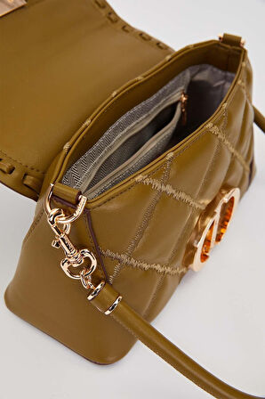 Kapitone Nakış ve Zincir Örgü Detaylı Çift Askılı Orta Boy Kadın Omuz Çantası LV930583 Yeşil