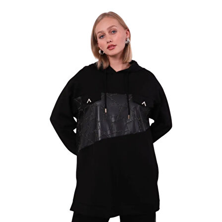 Viskon Scuba Kumaş Deri Detaylı İşlemeli Pantolonlu Takım Siyah – 100860