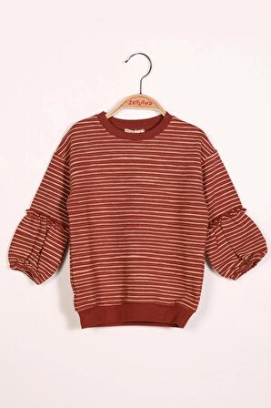 Kız Çocuk Çizgili Kolu Büzgülü Sweatshirt (2-7yaş)