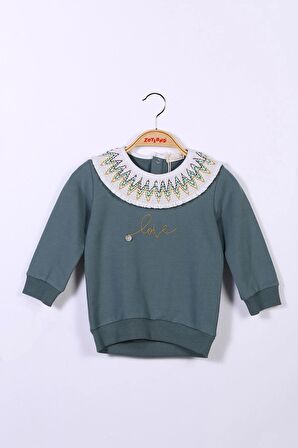 Kız Çocuk Yaka Detaylı Nakışlı Sweatshirt (2-7yaş)