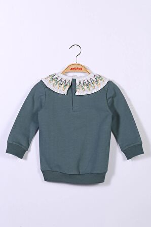 Kız Çocuk Yaka Detaylı Nakışlı Sweatshirt (2-7yaş)