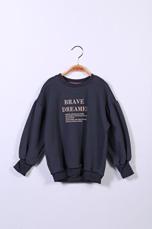 Kız Çocuk Balon Kol Yazı Baskılı Sweatshirt