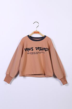 Kız Çocuk Yazı Baskılı Crop Sweatshirt