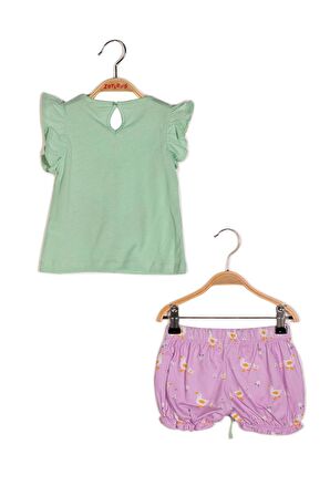 Kız Bebek Yaprak Baskılı Papatya Yaka T-shirt ve Şort Takım