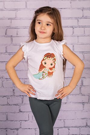 Kız Bebek Deniz Kızı Baskılı Beyaz Kolları Fırfırlı T-Shirt