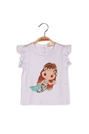 Kız Bebek Deniz Kızı Baskılı Beyaz Kolları Fırfırlı T-Shirt