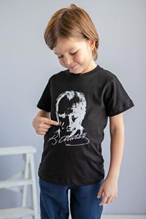 Unisex Çocuk Atatürk Baskılı Siyah T-Shirt (4-12yaş)