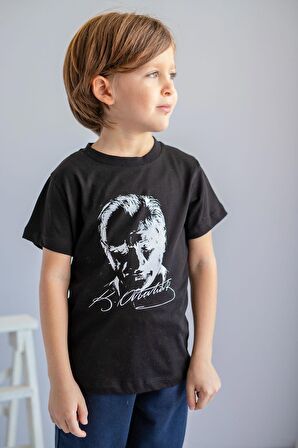 Unisex Çocuk Atatürk Baskılı Siyah T-Shirt (4-12yaş)