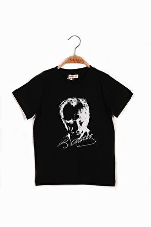 Unisex Çocuk Atatürk Baskılı Siyah T-Shirt (4-12yaş)