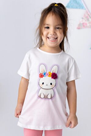 Kız Bebek Tavşan Baskılı 3 Boyutlu Çiçekli  T-shirt