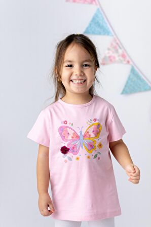 Kız Bebek Kelebek Baskılı 3 Boyutlu Çiçekli T-shirt