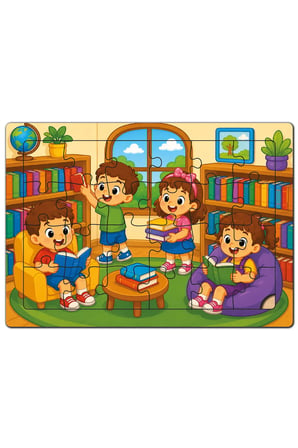 Minikler Keşif Serisi 3/5 AHŞAP 4'lü Yapboz Seti(Kampta-Kütüphanede-Lunaparkta-Meyve Bahçesinde)