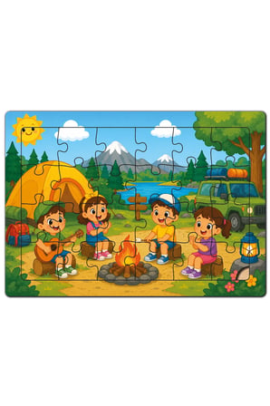 Minikler Keşif Serisi 3/5 AHŞAP 4'lü Yapboz Seti(Kampta-Kütüphanede-Lunaparkta-Meyve Bahçesinde)