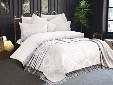 Fransız Dantelli Kure Gelin Seti 7 Parça Krem