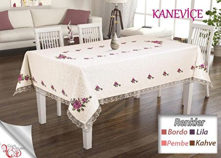 Kanaviçe Baskılı Güpürlü Masa Örtüsü Takımı 26 Parça Bordo