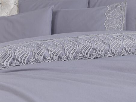 Fransız Dantelli Wave Çeyizlik Nevresim Takımı Gri