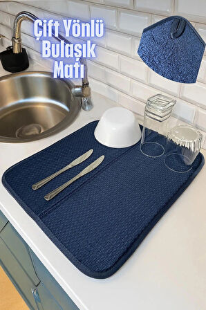 Livarno Mikrofiber Bulaşık Altlığı Kurutma Matı Katlanabilir Çift Yüzey GERMANY 44x36 cm. Lacivert