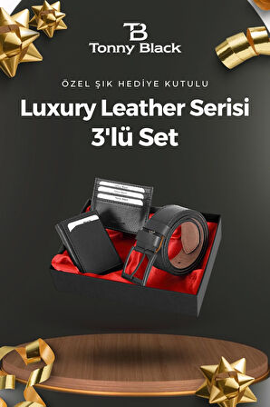 Orijinal Erkek Özel Hediye Kutulu 3'lü Set Luxury Serisi Şık Mekanizmalı Cüzdan Kartlık Kemer Seti Siyah-125 CM