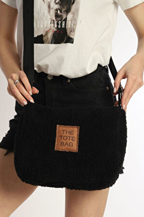 Kadın Siyah Peluş Omuz Çantası Çapraz Ayarlanabilir Kolon Askılı Konfor Modeli Tote Bag Çanta
