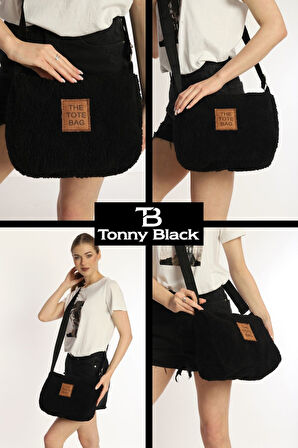 Kadın Siyah Peluş Omuz Çantası Çapraz Ayarlanabilir Kolon Askılı Konfor Modeli Tote Bag Çanta