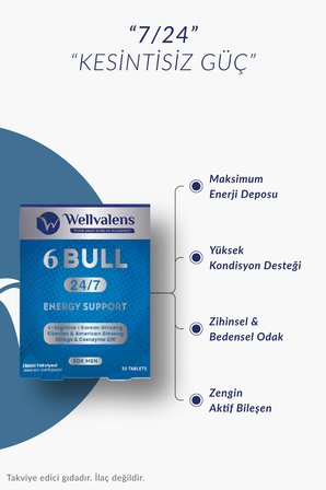 6 Bull - Erkeklere Özel Enerji & Güç Desteği - 3 Tip Ginseng, L-Arjinin, CoQ10 - 30 Tablet