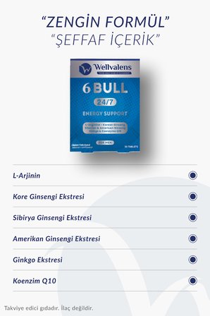6 Bull - Erkeklere Özel Enerji & Güç Desteği - 3 Tip Ginseng, L-Arjinin, CoQ10 - 30 Tablet