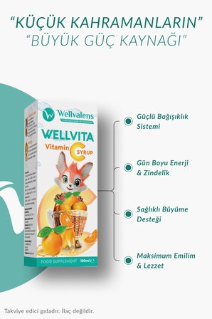 Wellvalens Wellvita Vitamin C Şurup 100 ml - Çocuklar İçin C Vitamini Takviyesi - Portakal Aromalı Sıvı Form