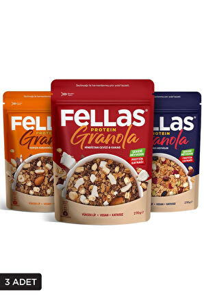 Fellas Protein Granola 3'lü Mix Paket - Hindistan Cevizi 270g + Kırmızı Meyveler 270g + Karışık Kuruyemişli 270g