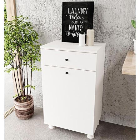 Chancolye Beyaz Çamaşır Sepeti Çekmeceli Banyo Dolabı