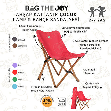 BAG THE JOY KIDS KATLANIR AHŞAP KAMP & BAHÇE SANDALYESİ KIRMIZI İSKELET – KIRMIZI KILIF