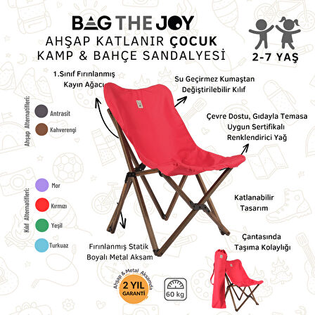 BAG THE JOY KIDS KATLANIR AHŞAP KAMP & BAHÇE SANDALYESİ ANTRASİT İSKELET – KIRMIZI KILIF
