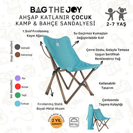 BAG THE JOY KIDS KATLANIR AHŞAP KAMP & BAHÇE SANDALYESİ ANTRASİT İSKELET – TURKUAZ KILIF