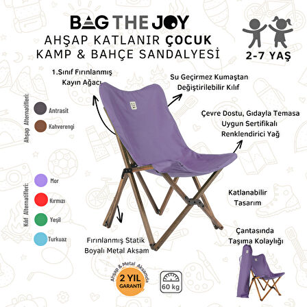 BAG THE JOY KIDS KATLANIR AHŞAP KAMP & BAHÇE SANDALYESİ ANTRASİT İSKELET – MOR KILIF
