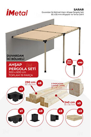 İmetal Sarar Duvardan İki Bölümlü Hazır Ahşap Pergola Seti 85 x 85 mm Ahşaplar ve Tente Dahil